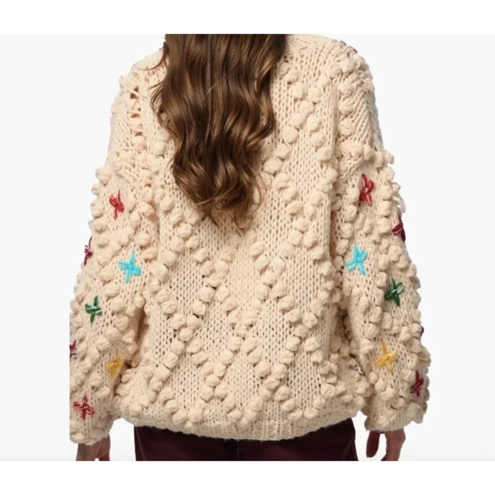 SAACHI Aria Anthropologie Popcorn Knit Cardigan Sweater S Chunky Rainbow Cottage